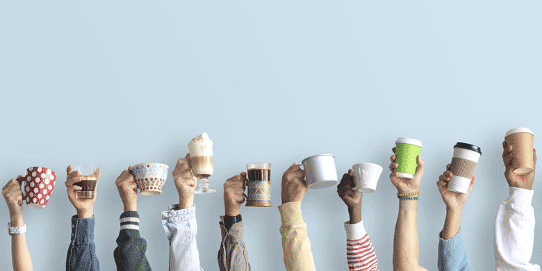 hands holding coffee mugs and cups 