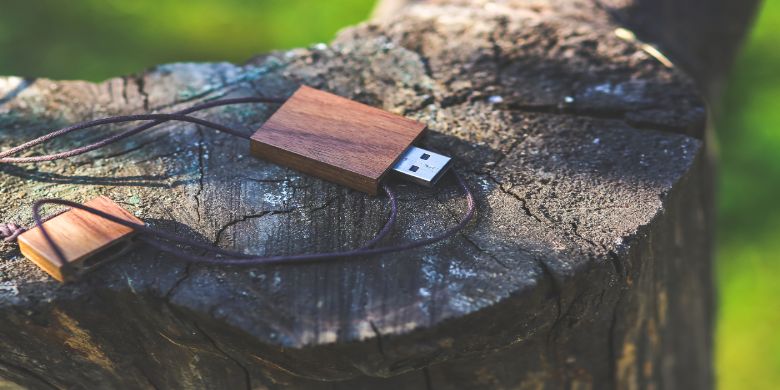 A wooden USB sitting on a tree stump.