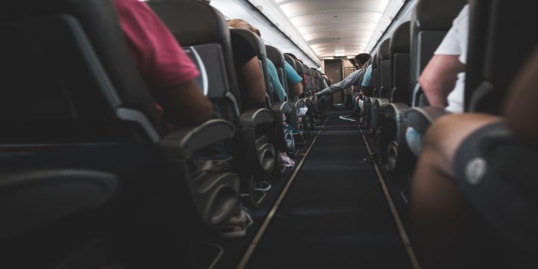 The inside of an airplane cabin.