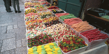 street stall selling confectionery open boxes