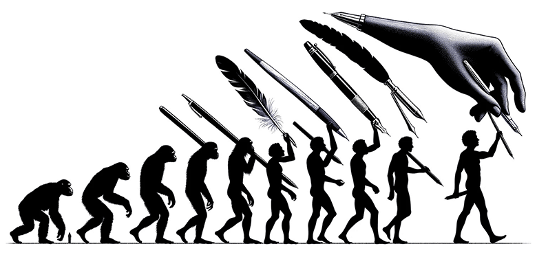 evolution of man holding a pen