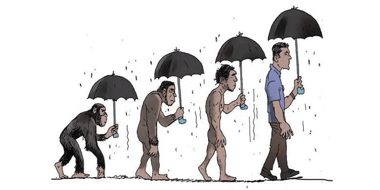 evolution of man holding umbrella