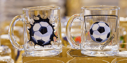 glass mugs with soccer branding